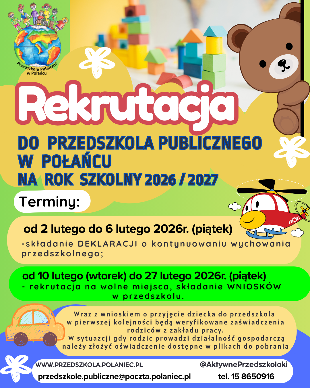 Plakat informacja o&nbsp;rekrutacji do przedszkola