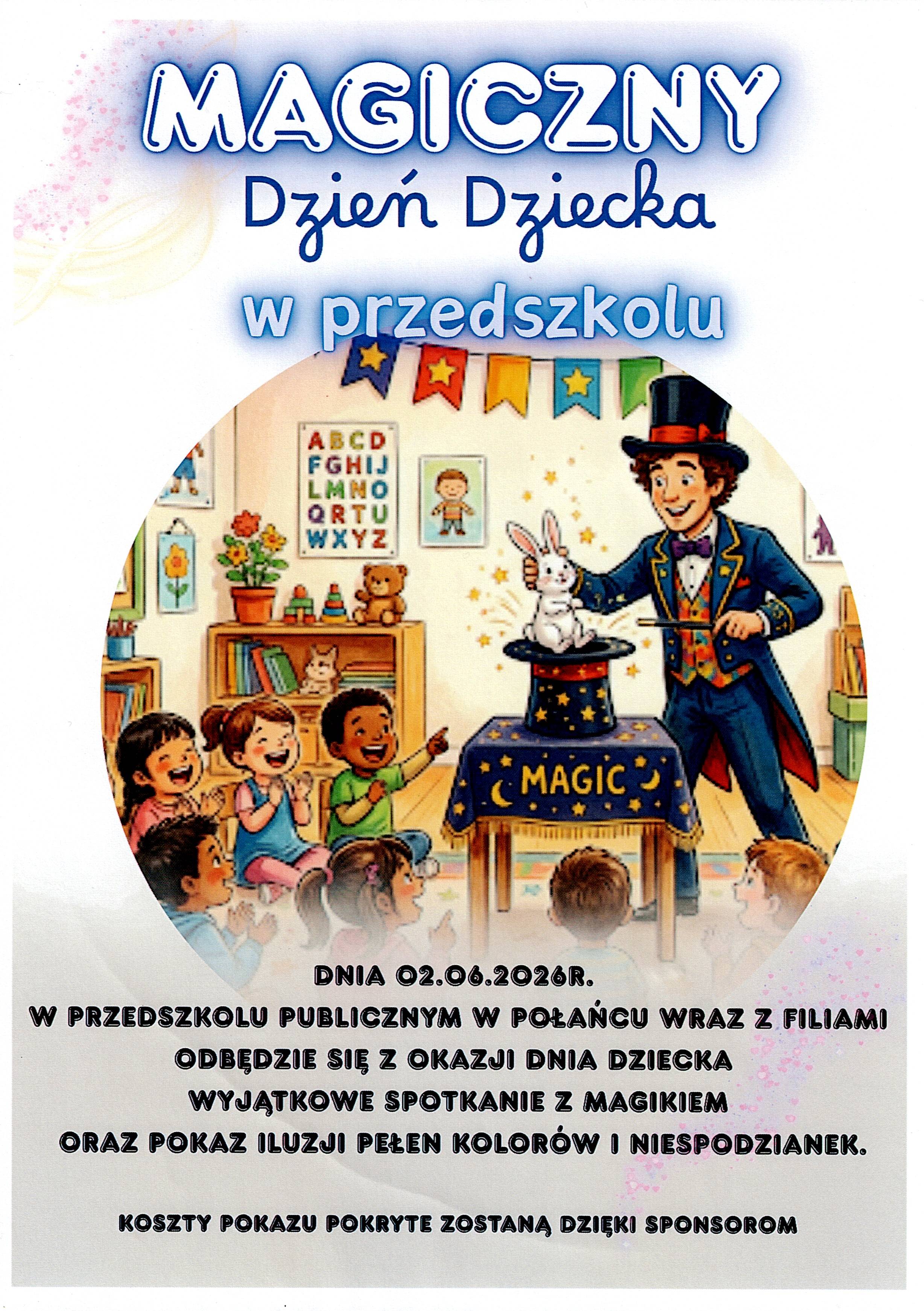 Plakat o występach magika w przedszkolu