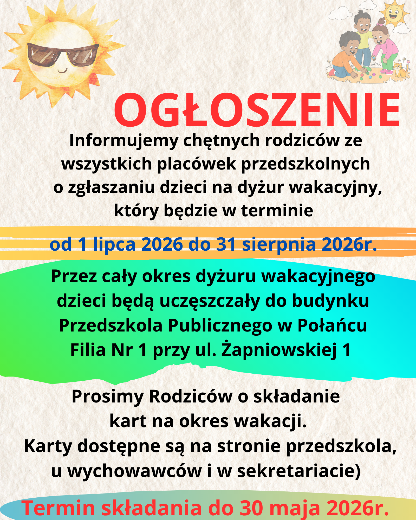 Ogłoszenie o&nbsp;dyżurach wakacyjnych