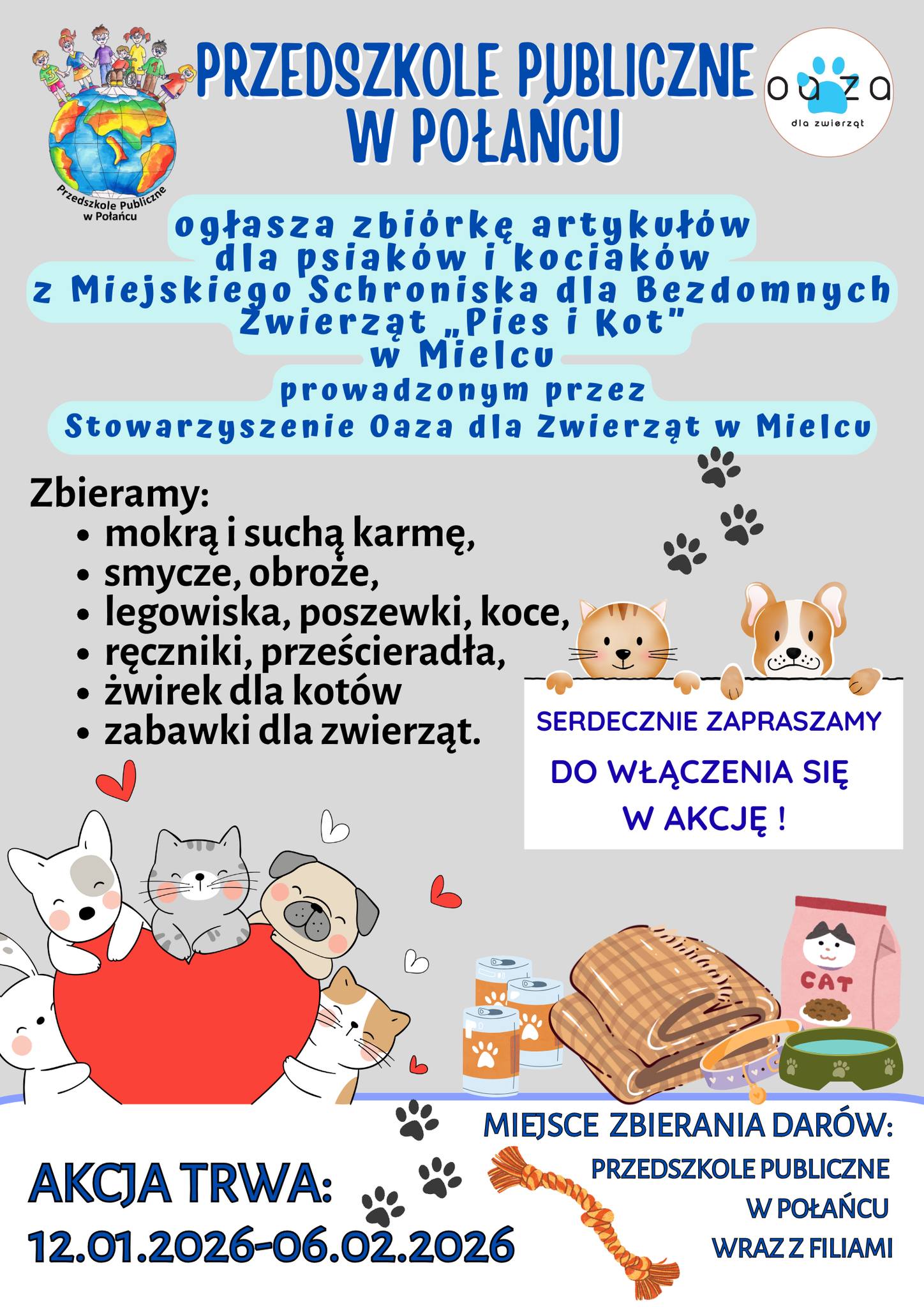 Plakat zbi&oacute;rka rzeczy dla schroniska zwierząt 