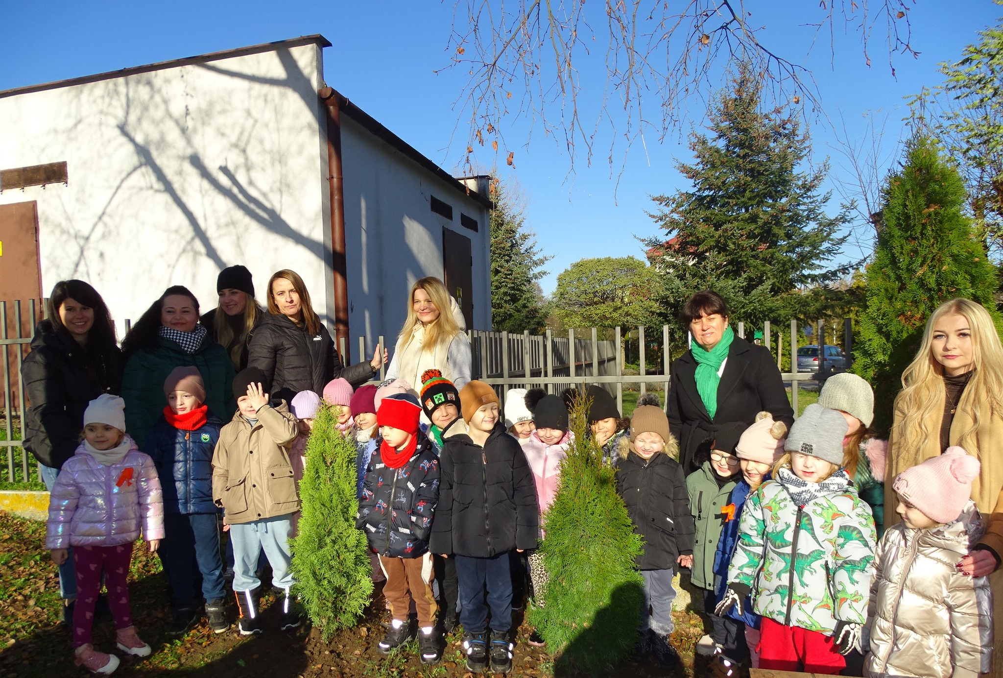 dzieci sadzą zielone drzewa